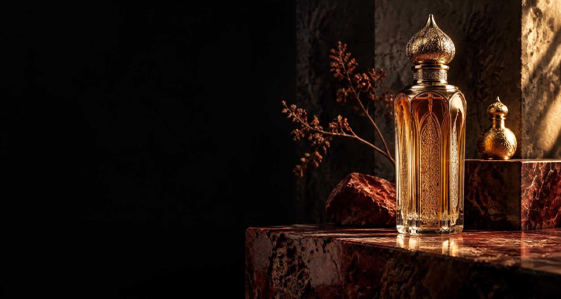 Ornate gold Arabian perfume bottles on a stone plinth